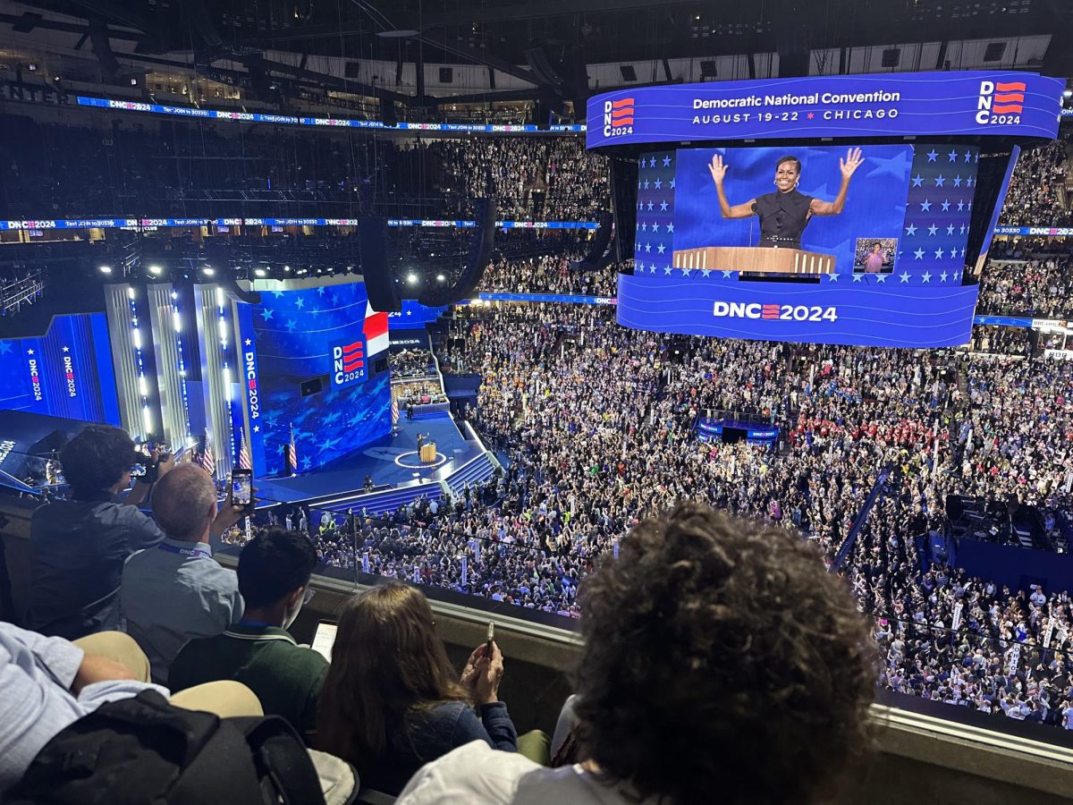 Former First Lady Michelle Obama speaks to the Democratic National Convention on Aug. 20.  She was followed by former President Barack Obama.