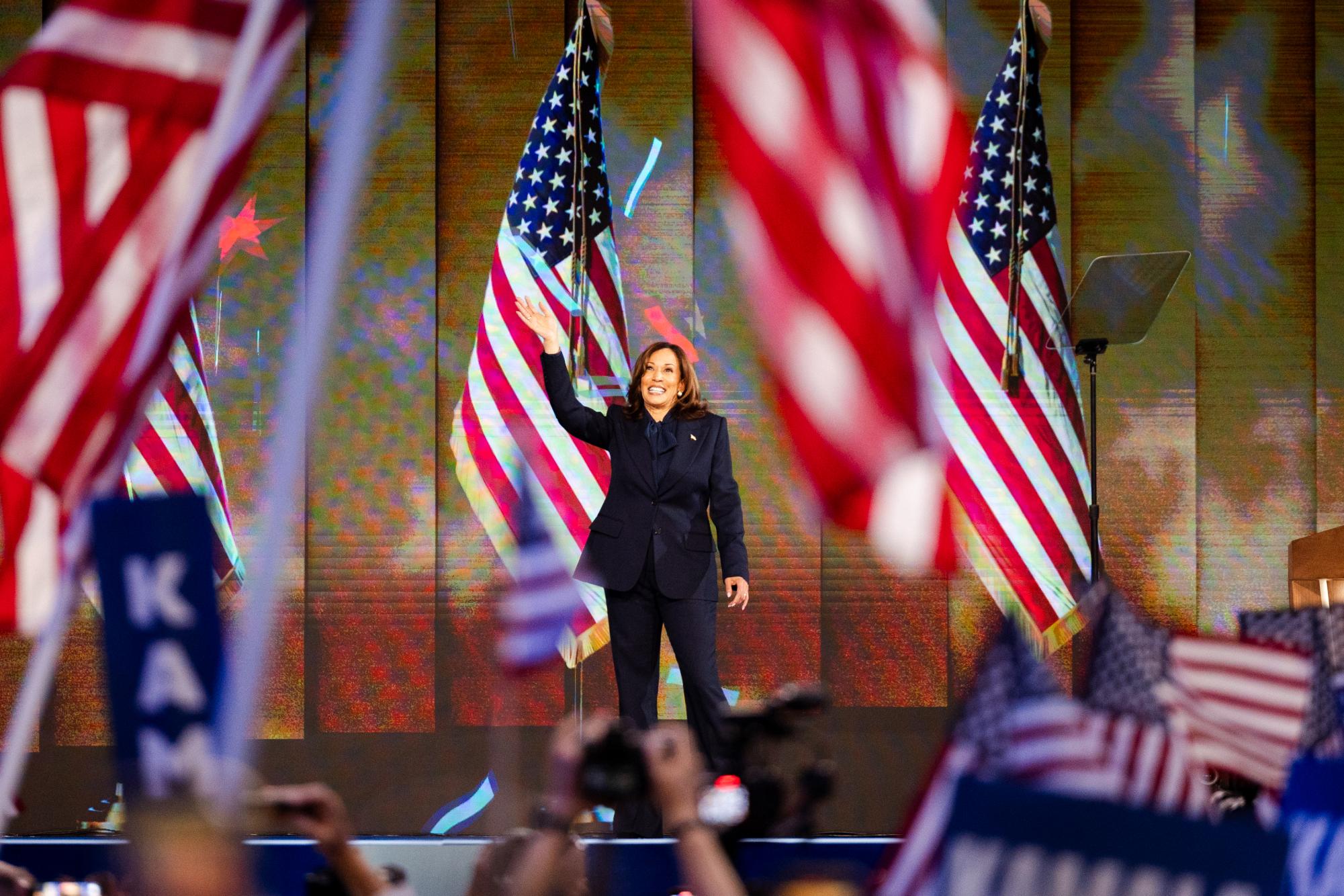 Vice President Kamala Harris waves to the crowd ahead of her speech on Thursday, Aug. 22. Harris won the Democratic nomination for President with 98.9% of delegates in the roll call vote.