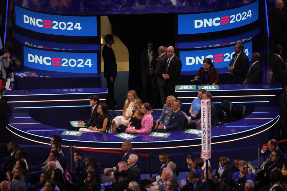 Jill Biden watches the convention on Monday, Aug. 19 from the creator platform, a place for social media influencers to film content. More than 200 credentialed content creators attended the DNC in Chicago.