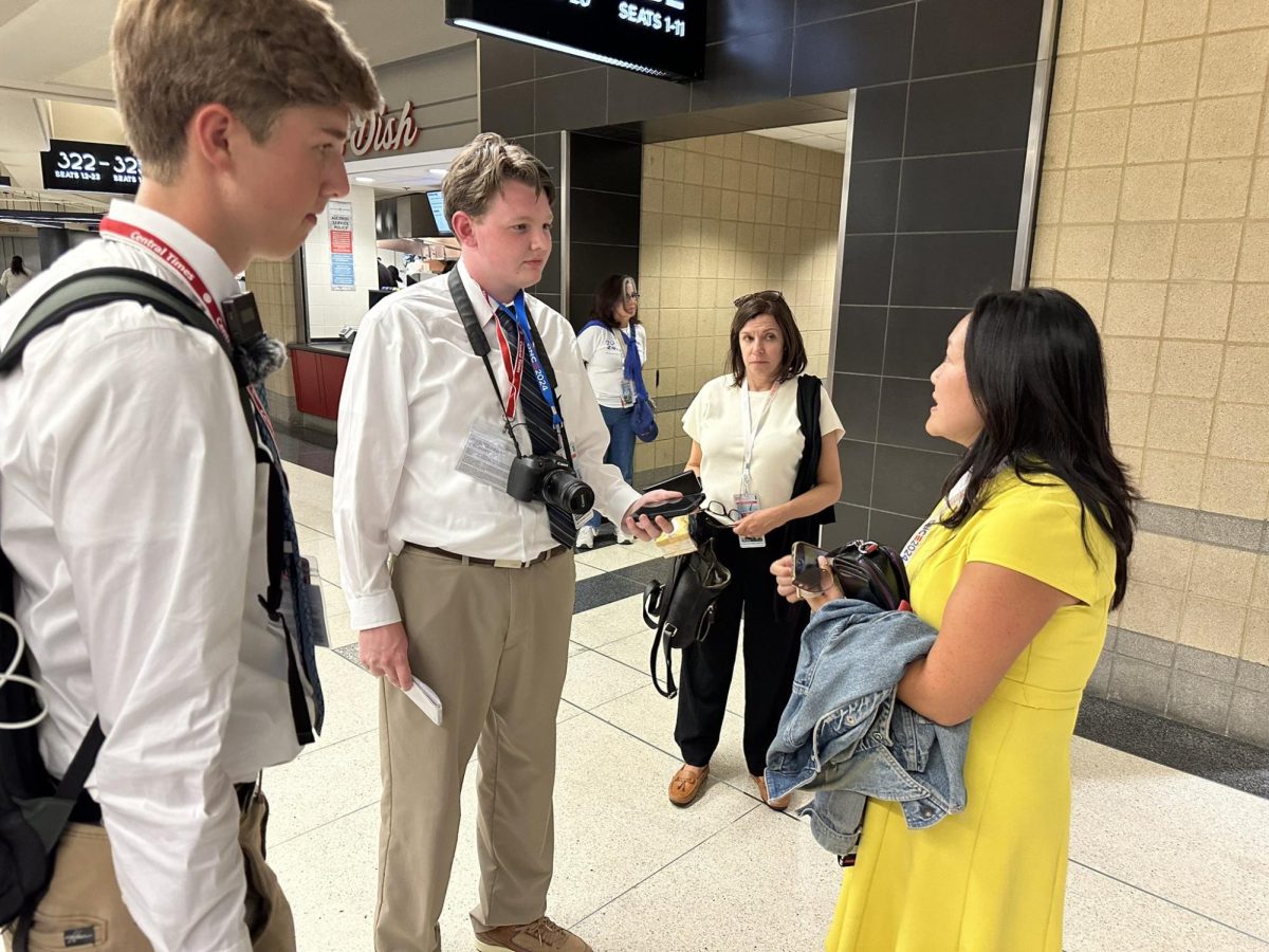 Central Times reporters interview Illinois state Rep. Janet Yang-Rohr at the DNC on Wednesday, Aug. 21. Yang-Rohr sponsored legislation written by Central senior Iris Shadis-Greengas, which will require climate education in Illinois public schools starting in the 2026-27 school year.