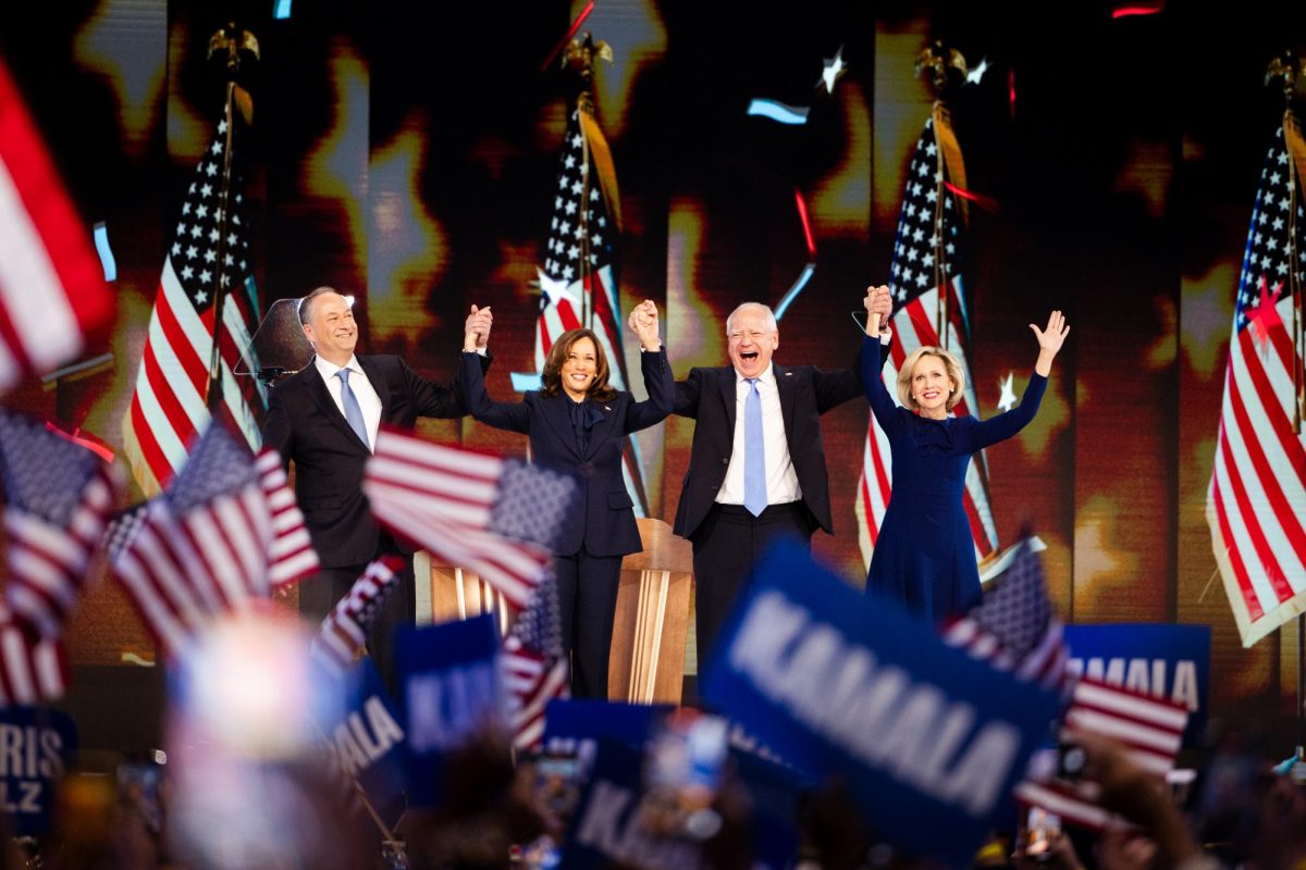 Second Gentleman Doug Emhoff, Vice President Kamala Harris, Minnesota Gov. Tim Walz and Minnesota First Lady Gwen Walz celebrate during the balloon drop on Thursday, Aug. 22 at the Democratic National Convention. The Harris-Walz ticket won 98.9% of the delegate vote, earning the Democratic nomination for President and Vice President.