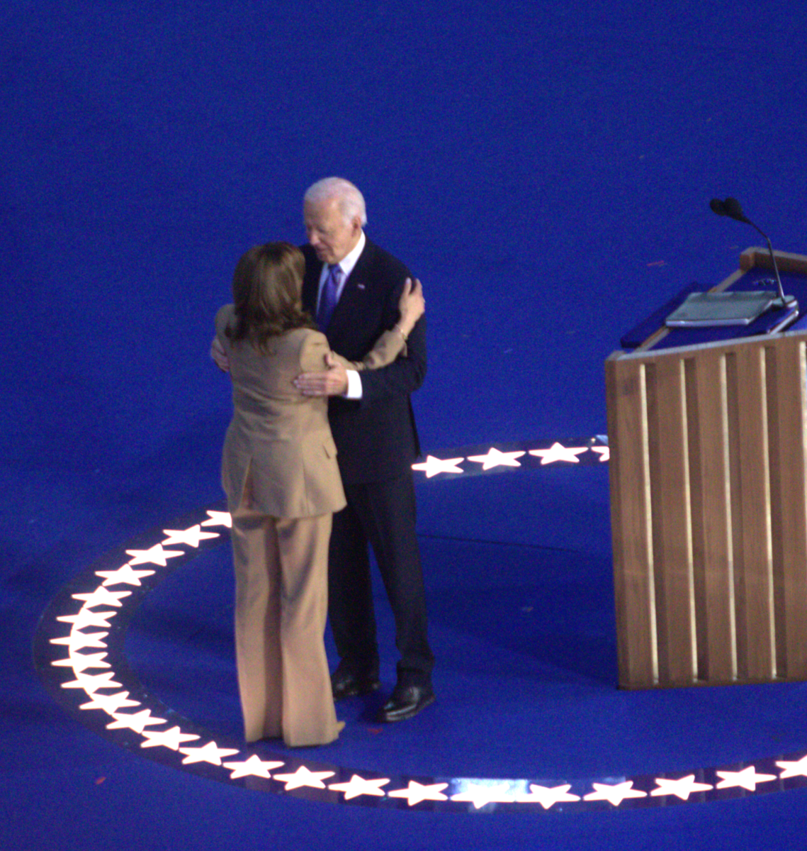 President Joe Biden embraces Vice President Kamala Harris after his keynote address on Monday, Aug. 19. Biden endorsed Harris after dropping out of the race on July 21.