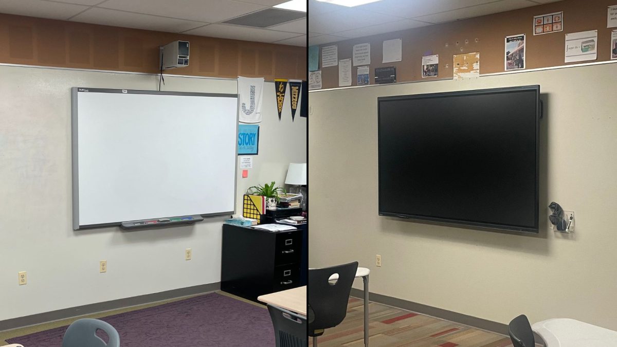 Left: A SMART board in Room 218 on Oct. 9. The displays have been in use for approximately 10 years.
Right: A V7 interactive display in Room 303 on Oct. 9. The displays can operate separately from a teacher’s computer and do not need a projector.