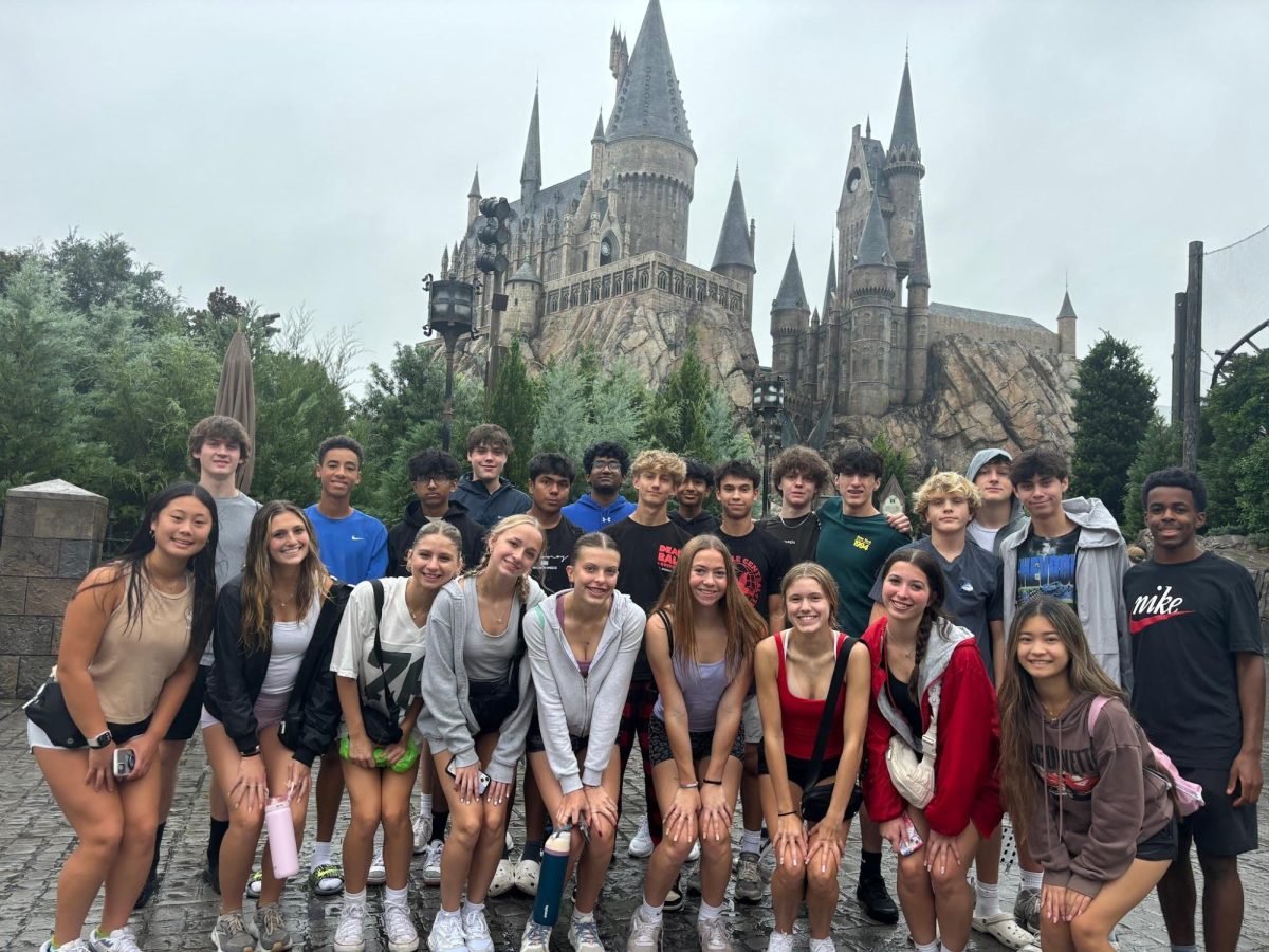 Students on Naperville Central’s marketing field trip pose in front of  The Wizarding World of Harry Potter at Universal Orlando on an overcast day. The group had to return to Illinois one day early on Oct. 9 due to the impending landfall of Hurricane Milton in Florida. (Photo courtesy of Kathleen Barry)