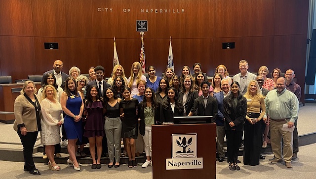 Students in the 2024 cohort of KidsMatter's Teen Philanthropy Initiative pose for a photo at their grant allocation ceremony. The ceremony was held at the Naperville Municipal Center. (Photo credit: KidsMatter)