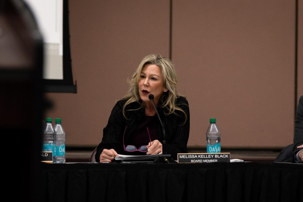 District 203 board member Melissa Kelley Black speaks at the Feb. 3 Board of Education meeting at Kennedy Junior High School. Kelley Black was issued a censure resolution at the Jan. 7 board meeting after “substantial misconduct,” mostly arising from her online Facebook posts.