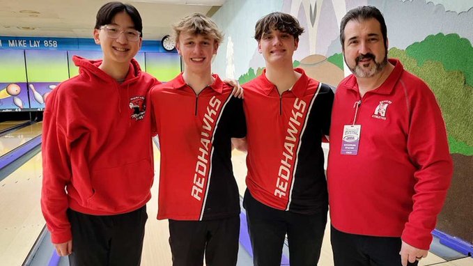 Aidan Lee, Tommy Kradenpoth, Nate Taverna, and head coach Brian Dunn pose for a photo at the IHSA state competition on Feb. 1. This was the team's second time ever qualifying for state, and they walked away with 15th place. (Photo Credit: NCHSBoysBowling via X)