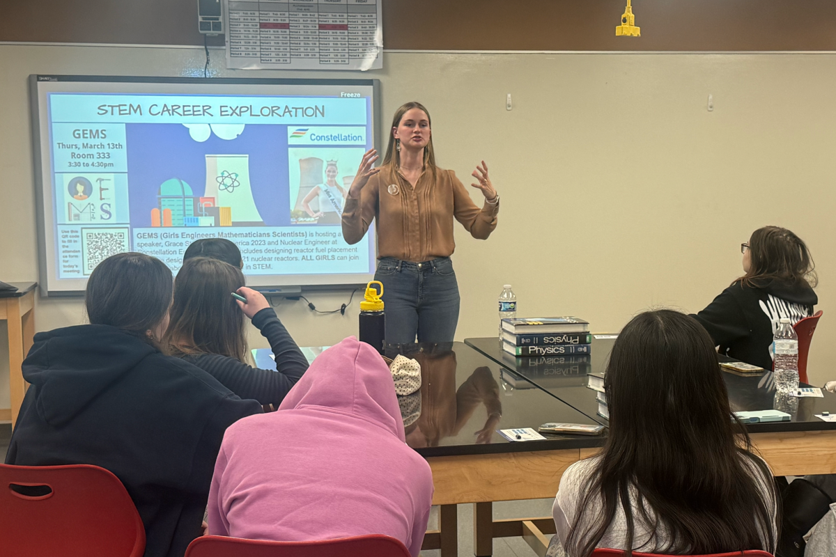 Miss America 2023, Grace Stanke, speaks to GEMs about her career and STEM career exploration at a club meeting on March 14. The former pageant winner graduated from University of Wisconsin-Madison, and is now also pursuing a master’s degree in business administration. (Photo Credit: Jennifer Norgaard)